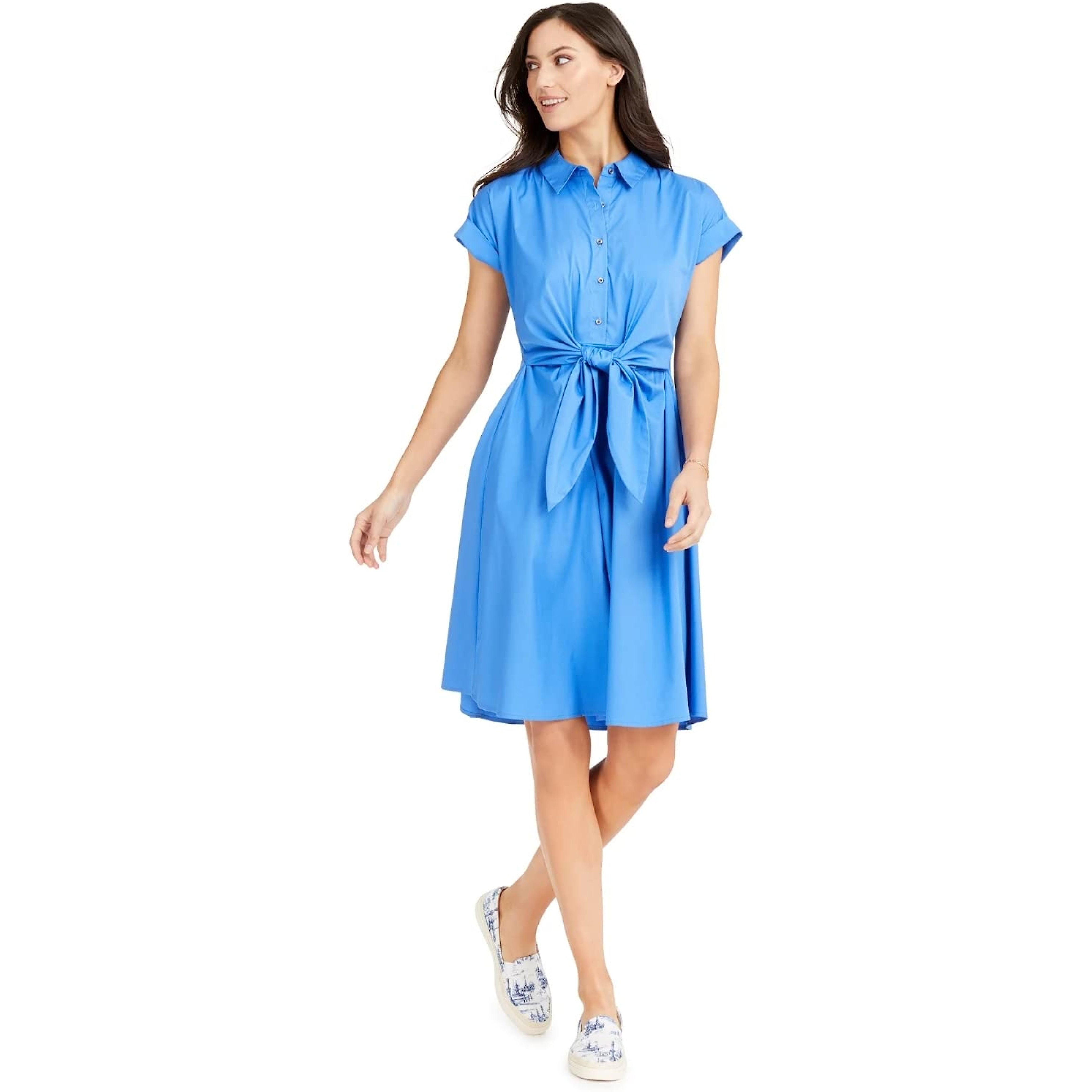 Charter Club Womens Cotton Tie Waist Fit And Flare Dress,Blue,10